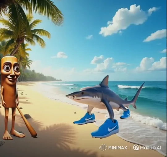 Surreal Beach: Wooden Character Fights Two-Legged Shark – AI Generated Video | Hailuo AI