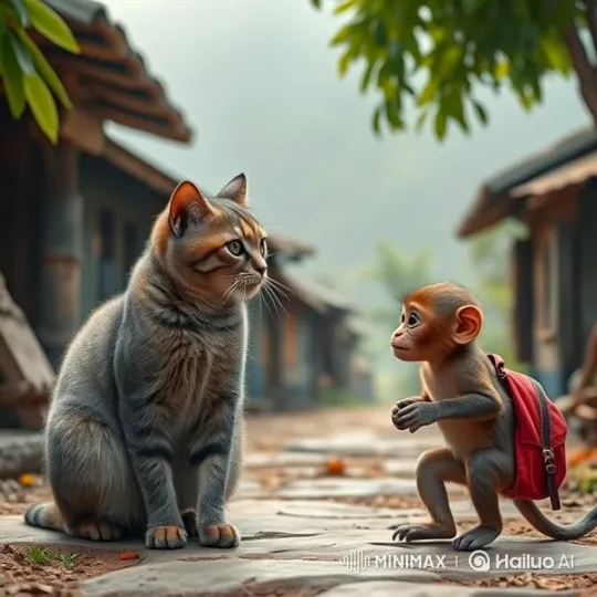 Tabby Cat Encounters Curious Monkey with Toy – AI Generated Video | Hailuo AI