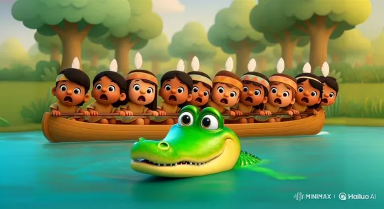 Smiling Alligator Approaches Terrified Children in Canoe – AI Generated Video | Hailuo AI