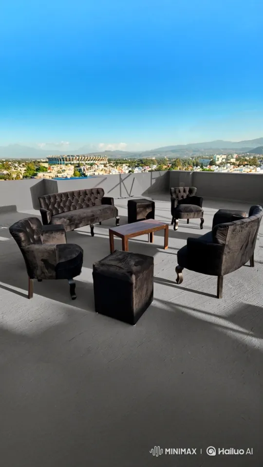 Rooftop Lounge Panorama with Cityscape and Mountains – AI Generated Video | Hailuo AI