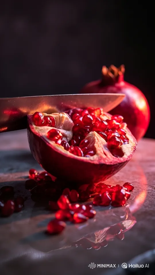 Luminescent Pomegranate: A Slice of Radiant Beauty – AI Generated Video | Hailuo AI