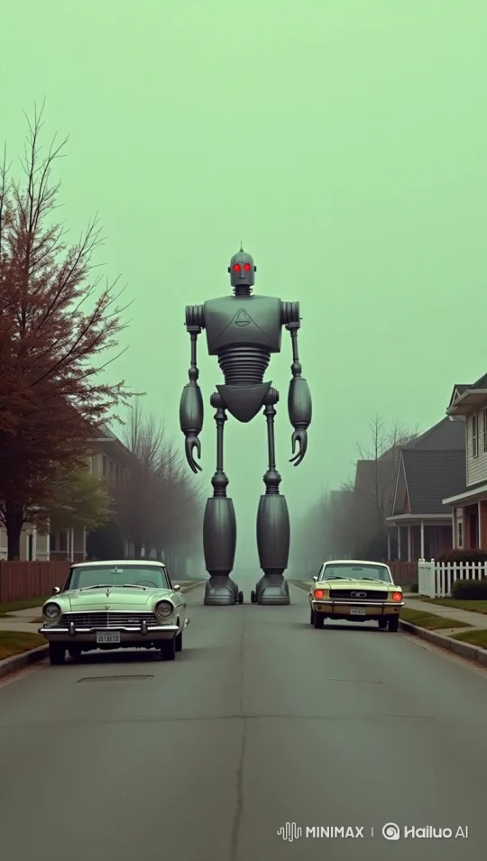 Colossal Robot Stands Amidst Foggy, Silent Suburb – AI Generated Video | Hailuo AI