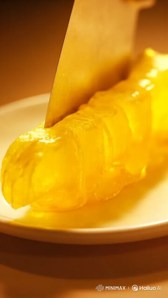 4K Close-Up of Knife Slicing Gelatin Banana – AI Generated Video | Hailuo AI