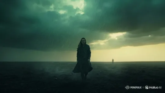 Woman in Storm Amidst Floating Islands and Magical Sky – AI Generated Video | Hailuo AI