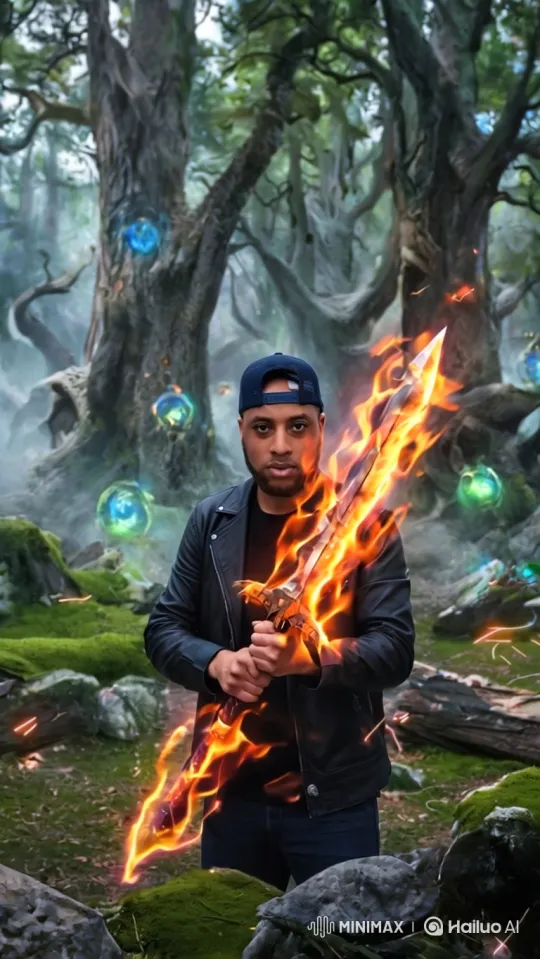 Enchanted Forest: Man with Flaming Sword Stands Ready – AI Generated Video | Hailuo AI