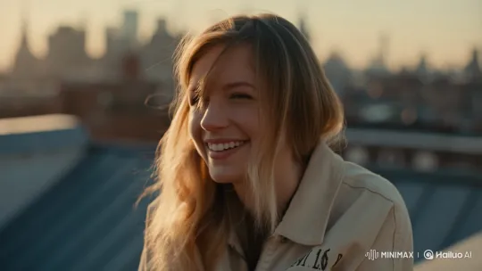 Brooklyn Rooftop: Golden Hour Snap of a Laughing Blonde Girl – AI Generated Video | Hailuo AI