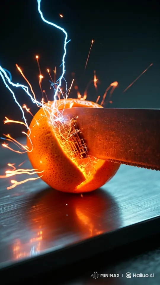 Cybernetic Orange: Electrifying Cutting Experiment – AI Generated Video | Hailuo AI