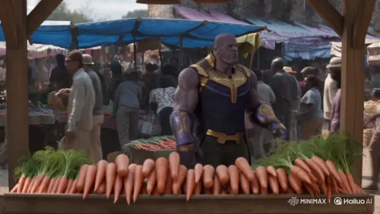 Thanos Runs a Carrot Stall at Bustling Market – AI Generated Video | Hailuo AI