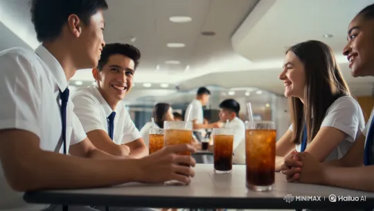 High School Students Enjoying Drinks in Cafeteria – AI Generated Video | Hailuo AI