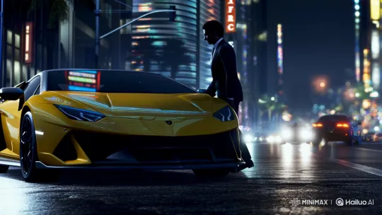 Sleek Lamborghini Drive on Wet City Streets at Night – AI Generated Video | Hailuo AI