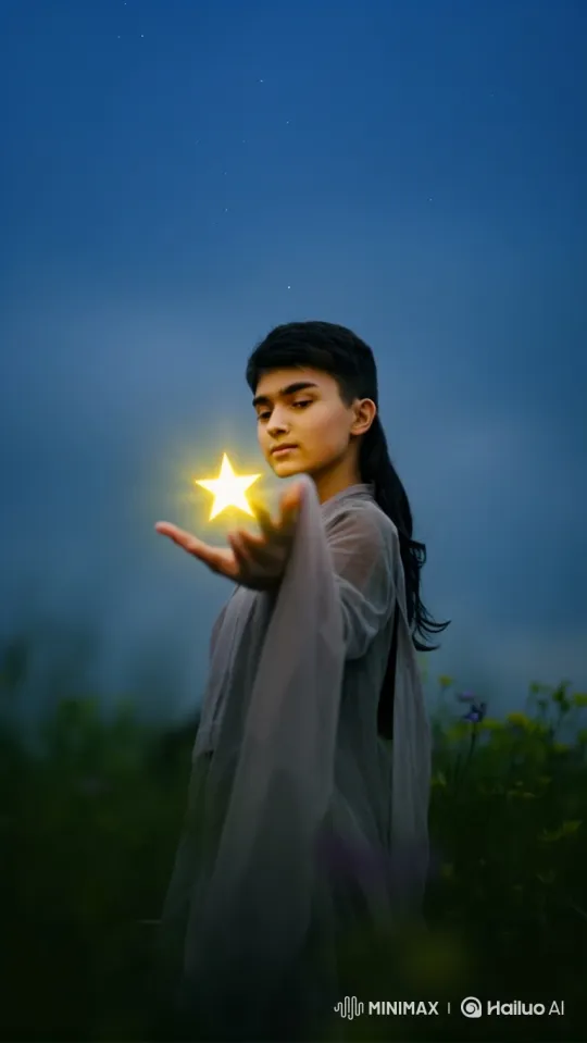 Mystical Figure Raises Glowing Star in Twilight Field – AI Generated Video | Hailuo AI