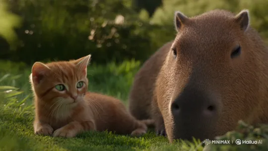 Kitten Playfully Growls at Relaxed Capybara in Meadow – AI Generated Video | Hailuo AI