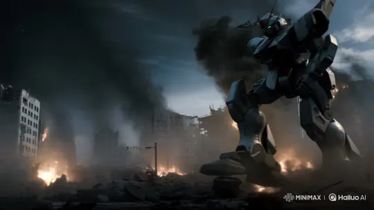 Gigantic Gundam Mecha Destroys Smoky Ruined City – AI Generated Video | Hailuo AI
