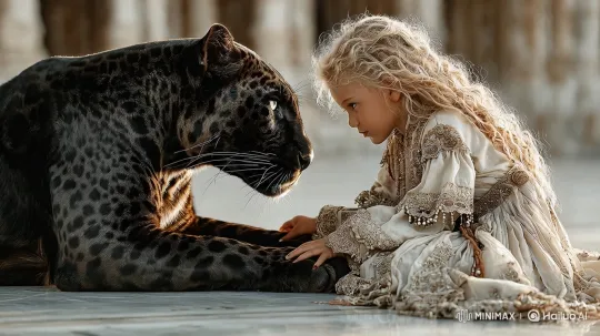 Girl and Leopard Share Intimate Moment in Ancient Temple – AI Generated Video | Hailuo AI