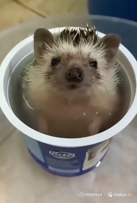 Piebald Hedgehog Enjoys a Bath in Close-up – AI Generated Video | Hailuo AI