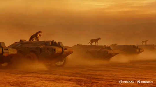 Feline-Guarded Iron Beasts in Desolate Wasteland – AI Generated Video | Hailuo AI