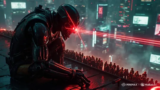 Dystopian Cityscape: Robot Scans Crowds with Laser Grid – AI Generated Video | Hailuo AI