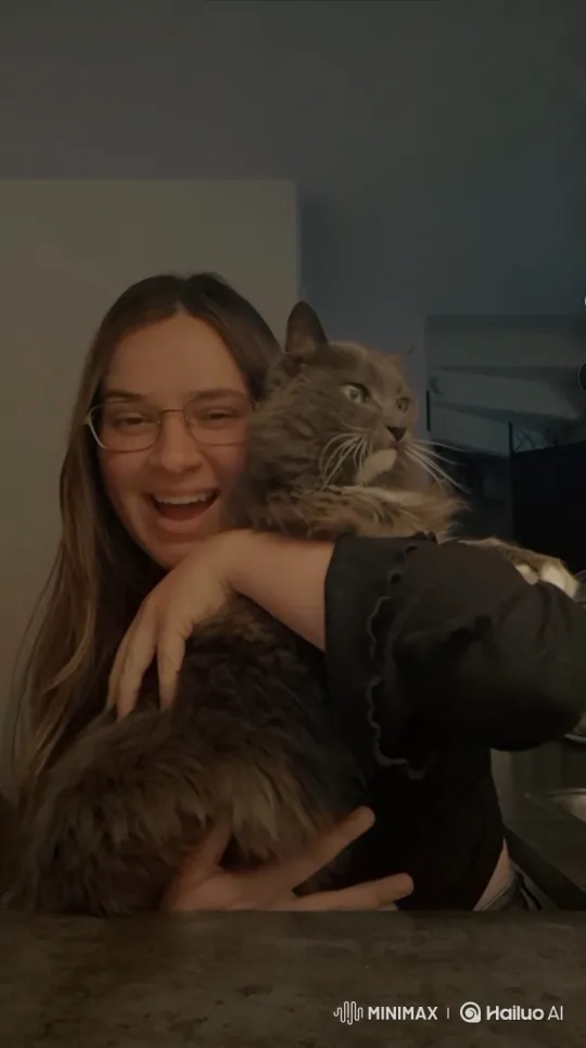 Woman and Cat Embrace Turns into Playful Escape Scene – AI Generated Video | Hailuo AI