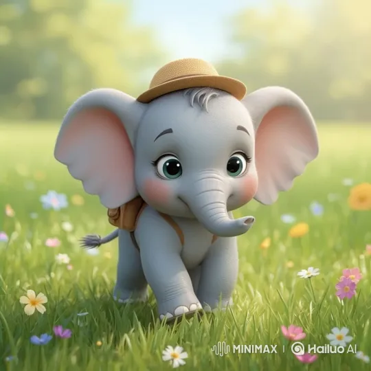 3D Cartoon Elephant Embarks on Joyful Meadow Adventure – AI Generated Video | Hailuo AI