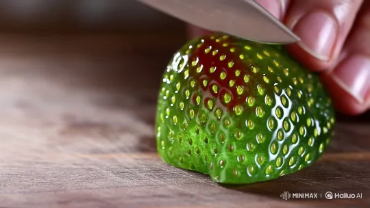 Realistic Slicing of a Glass-like Green Strawberry – AI Generated Video | Hailuo AI