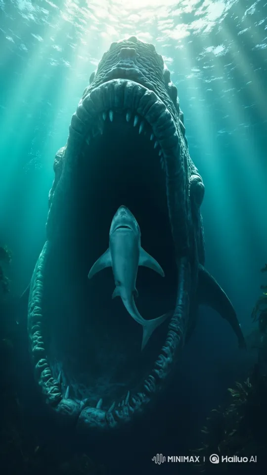 Underwater Encounter: Great White Shark in Prehistoric Creature's Mouth – AI Generated Video | Hailuo AI