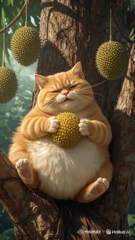 Plump Cat Relaxes with Durian, Then Exhibits Mischief – AI Generated Video | Hailuo AI