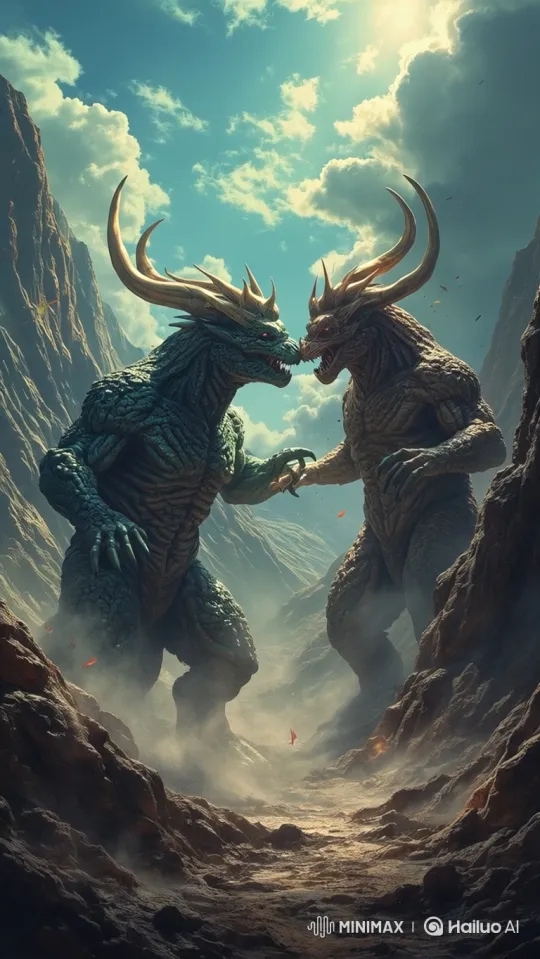 Colossal Monsters Clash in Intense Canyon Battle – AI Generated Video | Hailuo AI