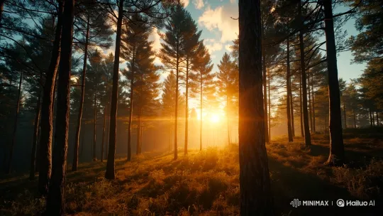 Golden Hour in a Tranquil Pine Forest – AI Generated Video | Hailuo AI