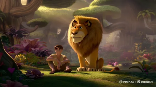 Man and Lion Share Peaceful Moment in Cartoon Jungle – AI Generated Video | Hailuo AI