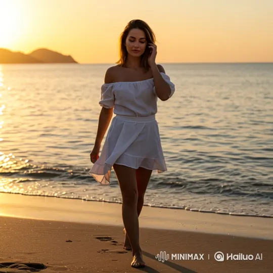 Woman in White Dress Walks on Beach at Sunset – AI Generated Video | Hailuo AI