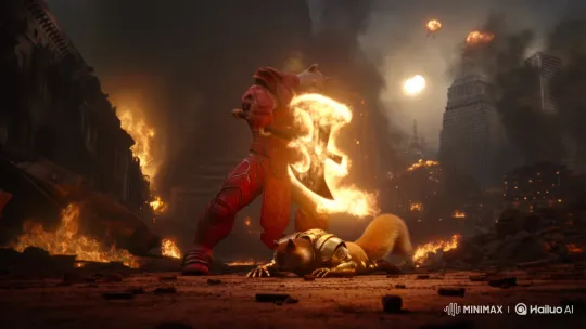 Pitbull humanoid prepares to strike defeated squirrel in fiery city ruins – AI Generated Video | Hailuo AI