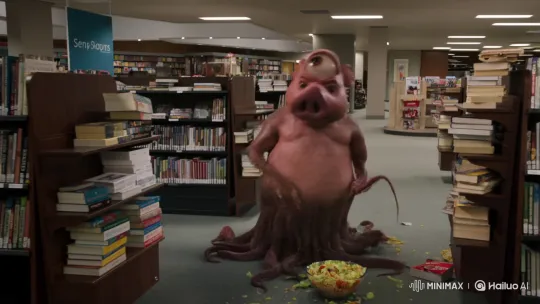 Grotesque Hybrid Creature Ramps Through Bookstore – AI Generated Video | Hailuo AI
