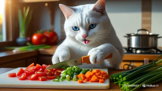 White Cat Chops Vegetables in Sunlit Kitchen – AI Generated Video | Hailuo AI