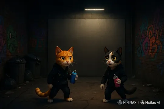Anthropomorphic Cats in Mysterious Alley with Graffiti – AI Generated Video | Hailuo AI