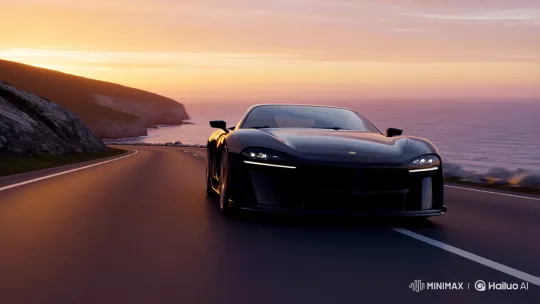 Sleek Sports Car Glides Along Sunset Coastline – AI Generated Video | Hailuo AI
