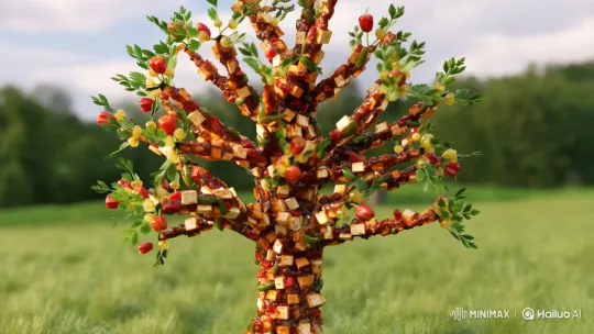 Surreal Edible Art: Paneer Chilli Tree in Meadow – AI Generated Video | Hailuo AI
