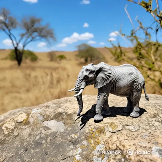 Grey Elephant Figurine Mimics Life in Savanna Setting – AI Generated Video | Hailuo AI