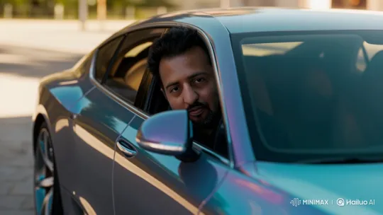 Man in Modern Iridescent Car Displaying Calm Assurance – AI Generated Video | Hailuo AI
