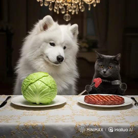 Dog Outsmarts Cat, Steals Steak at Dinner – AI Generated Video | Hailuo AI