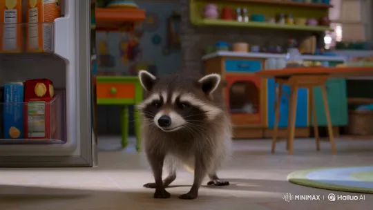 Cunning Raccoon Explores Bright Kitchen Refrigerator – AI Generated Video | Hailuo AI
