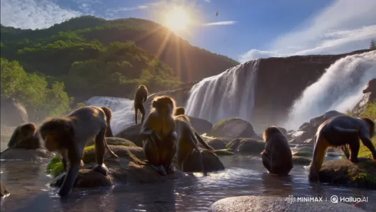 Monkeys Bathing Under a Majestic Waterfall in Sunlight – AI Generated Video | Hailuo AI