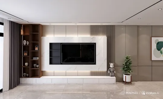 Modern Living Room with Dynamic Entertainment Wall – AI Generated Video | Hailuo AI