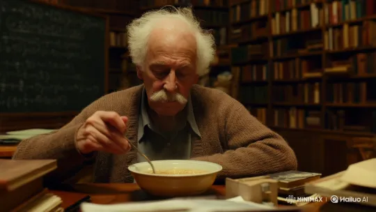 Ainestine Enjoying Noodles in His Study – AI Generated Video | Hailuo AI