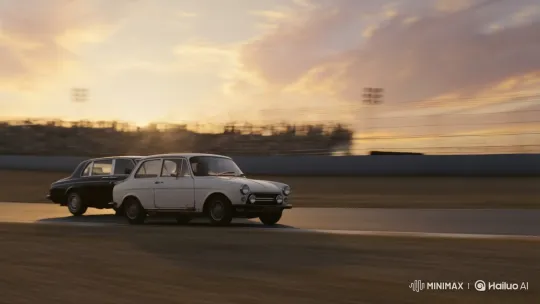Nissan Sunny Overtakes Rolls-Royce on Sunset Racetrack – AI Generated Video | Hailuo AI