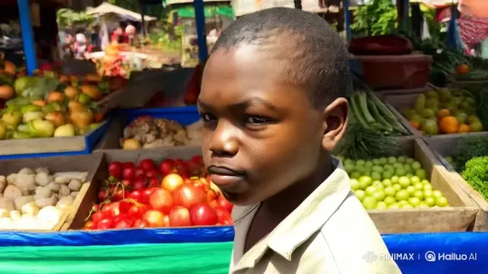 Confident Boy Navigates Bustling Village Market – AI Generated Video | Hailuo AI