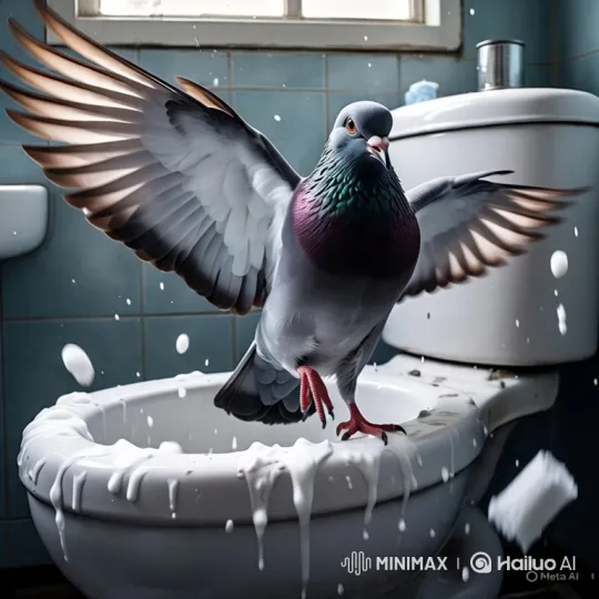 Pigeons Explore Bathroom as Toilet Overflows with Foam – AI Generated Video | Hailuo AI