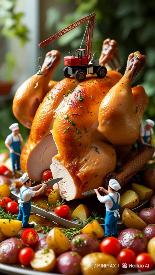 Animated Short: Toy Crane Truck on Animated Roast Chicken – AI Generated Video | Hailuo AI