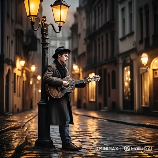 Young Musician Plays Guitar by Luminous Lamppost – AI Generated Video | Hailuo AI