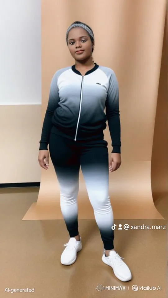 Model's Poised Studio Appearance in Ombre Tracksuit – AI Generated Video | Hailuo AI