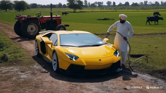 Farmer Cleansing Lamborghini in Rural South Asia – AI Generated Video | Hailuo AI